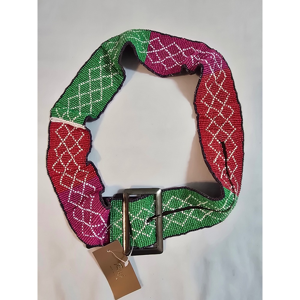 Rag Beaded Belt Green Pink Red Geometric Pattern Statement‎ Buckle New XS-S